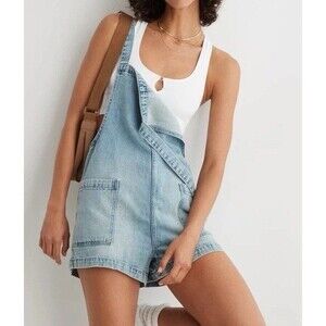 Aerie Light Wash Jean Denim Shortalls Overall Scoop Back Size Large Adjustable